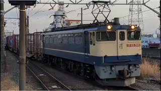 【最後尾コキ73-1有り！】国鉄EF65形2000番台2083号機（赤プレート・国鉄色）＋コキ16B（両）が尻手駅を通過するシーン（4073レ・新A71・コンテナ輸送）2023.2.1