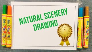 How to draw natural scenery for beginners | Mountain river scenery drawing | Landscape drawing easy