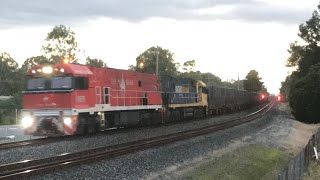 Pacific nationals NR75 Ghan livery NR51 lead 7SB3 North through Greenbank 12/1/25