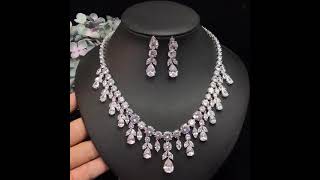 Luxury Elegant Leaf Flower AAA+ CZ Diamonds Necklace Earring Jewelry Set