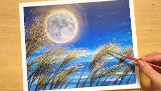 How to draw a [full moon] with acrylic paint/ Japanese pampas grass on a moonlit night/for beginners