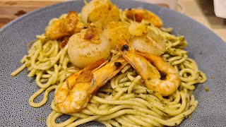 Prawns and Scallops with Spaghetti Pesto sauce  ||| กุ้ง หอยเชลล์ผัดเนย กับสปาเก็ตตี้ซอสเพสโต้