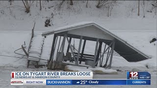 Ice flow damages piers along Tygart River outside of Fairmont