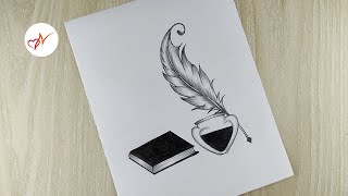 How to draw a note book with ink and feather pen | Easy pencil sketch drawing