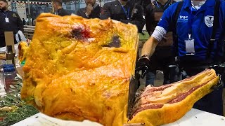 Giant Brontosaurus 'Tomahawk' Steaks Cut and Cooked. Italy Street Food Event