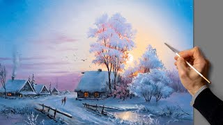 👍 Acrylic Landscape Painting - Winter Sunset / Easy Art / Drawing Lessons / Satisfying Relaxing.