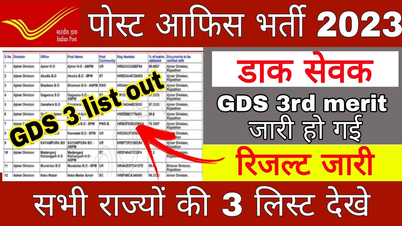 GDS 3rd Merit List 2023/GDS 3List Out 2023#gds - YouTube