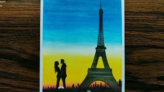 Oil Pastel Drawing || Eiffel Tower Sunset Scenery Drawing