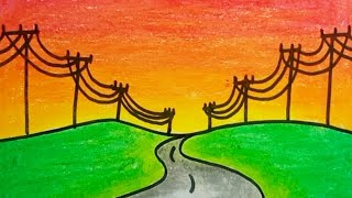 How To Draw Sunset Scenery Beautiful With Oil Pastels |Drawing Scenery Easy For Beginners