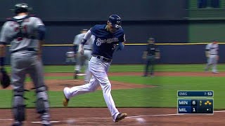 MIN@MIL: Aguilar takes ball four to plate Arcia