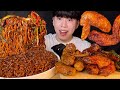 SUB) Jjajang ramyun & sweet and spicy chicken wing & green oinion kimchi mukbang asmr