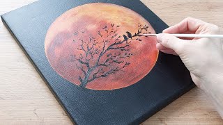 Red Moon painting / Acrylic Drawing on Black Canvas / STEP by STEP Tutorial for Beginners
