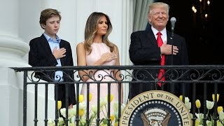 Melania Nudges President Trump to Put Hand on Heart for 'Star-Spangled Banner'