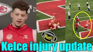 Patrick Mahomes gives update on Travis Kelce's injury at practice in pre-Super Bowl interview