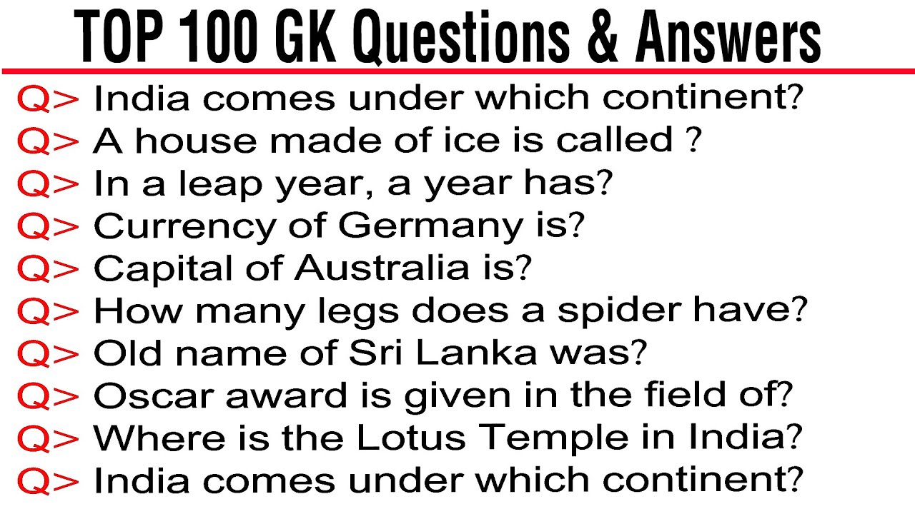 TOP 100 GK Questions & Answers | 100 India Gk Question And Answers In ...