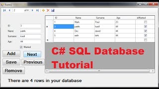 C# SQL Database Tutorial 4: Navigation through records with NEXT and PREVIOUS buttons C# / C Sharp