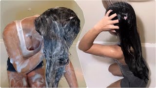 Long Hair Washing, Foaming, and Conditioning in the Bathtub Experience #haircare #washday