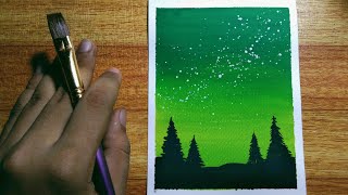 Easy Green Night Sky Poster Color Painting Tutorial for Beginners | Step-by-Step