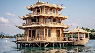 Challenge To Build A Huge Luxury Houseboat Using Only Wooden Planks！