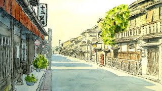 京都の街並みにもペンはすごく生きる　／　京都・祇園・花見小路 【透明水彩風景画】  Kyoto Japan　【Watercolor】