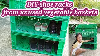 DIY shoe racks from unused vegetable baskets. DIY ชั้นวางรองเท้า จากตะกร้าผักที่ไม่ได้ใช้แล้วแข็งแรง