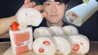 ASMR Strawberry White Roll Cake Eating Show(Mukbang)!!