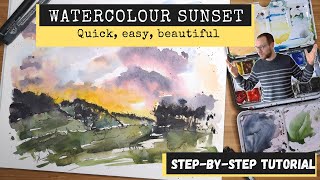 EASY Watercolour Sunset Sketch - Simple Step-by-Step Tutorial using Line and Wash Techniques