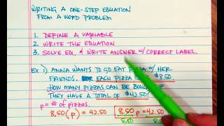 Writing a one step equation from a word problem