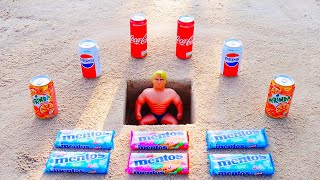 Experiment! Big Stretch Armstrong VS Cola, Pepsi, Mirinda and Mentos Underground Test