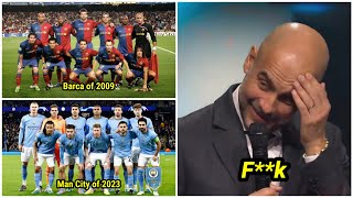 Guardiola's reaction when Henry asked "Which of your treble teams is better, Barça or Man City?" 😂