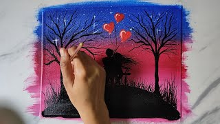 Easy romantic couple painting for beginners. Step by step acrylic painting tutorial.