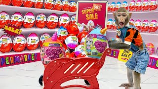 Monkey Bim Bim go buy kinder joy surprise eggs and unicorn eggs at the supermarket