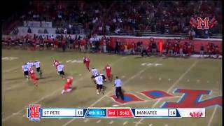 Manatee #13 Jumar Gaskin picks up a blocked punt and returns it for a TD