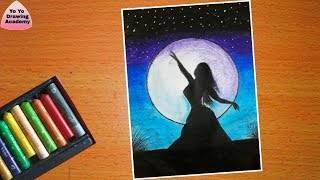 Easy Oil Pastel Drawing for Beginners - A Girl in Moonlight - Step by Step