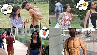 When bodybuilder goes shirtless in public in 🇮🇳 | girl's epic reactions 😱 | public reaction