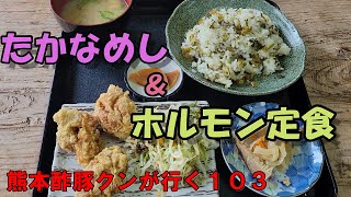 とっぺん（熊本県下益城郡美里町）の高菜飯定食とホルモン定食。そして「お茶のたかしま園」