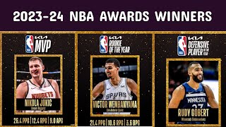 2023-24 NBA Awards Winners: Nuggets Center 'Nikola Jokic' wins the 2024 NBA MVP Award.