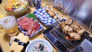 【宅飲み動画】焼き鳥(ねぎ肉)とマグロ(ビンチョウ)の切り落とし【昨日の晩酌】