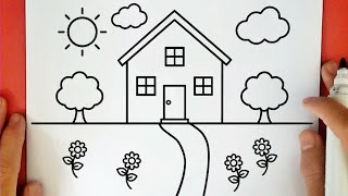 رسم منزل سهل / رسم حديقة منزل / رسم منظر طبيعي/ رسم سهل / تعليم الرسم للمبتدئين خطوة بخطوة