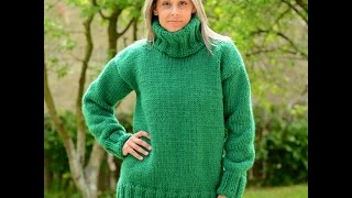 Green Hand knitted 100 % wool turtleneck sweater by EXTRAVAGANTZA