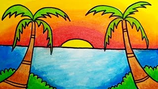 How To Draw Easy Scenery |How To Draw Sunset Scenery Easy Step By Step With Oil Pastels