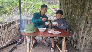 Boy makes kitchen out of bamboo - Policeman helps make table and chairs and cooks a meal.