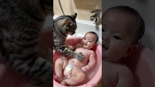 Cat bathes baby