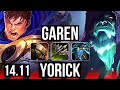 GAREN vs YORICK (TOP) | 13/1/7, Legendary, Rank 7 Garen, 6 solo kills | TR Grandmaster | 14.11