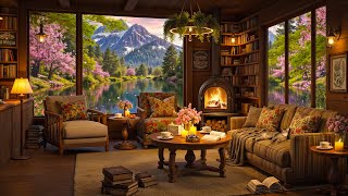 Cozy Lakeside Cabin in Spring Ambience ~ Smooth Jazz \u0026 Crackling Fireplace for Relaxation