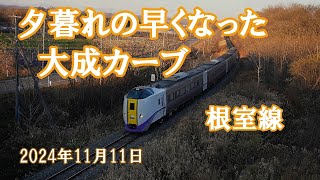 2024年11月11日　日暮れ（日没）の早くなった大成カーブを走る列車達　特急おおぞら・DECMO・DF200　根室線にて