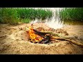 the sounds of campfire with chirping birds by a lake shore l 10 hours