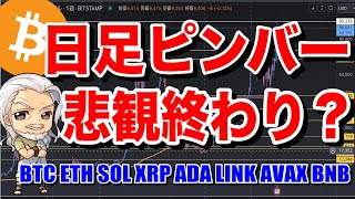 BTC強い。日足ピンバーで反発。そのまま上げていけるのか。ビットコイン/BTC ETH SOL XRP XLM ADA LINK AVAX BNBのチャート分析。