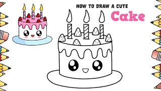 How To Draw A Cute Strawberry Birthday Cake ( Easy and Step by Step)