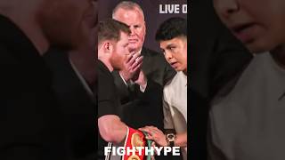 Canelo LETS Jaime Munguia PUT HANDS ON his UNDISPUTED BELTS & GLARES at him during FACE OFF